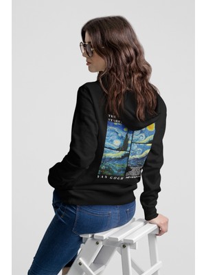Nevermind Unisex Oversize Hoodie – Van Gogh Starry Night Baskılı Kapüşonlu Sweatshirt, Rahat Kalıp