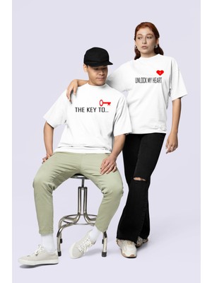 NEVERMIND Unisex Çift Erkek Kadın Tişört 2li Set Takım – The Key To Baskılı Sevgili Kombini