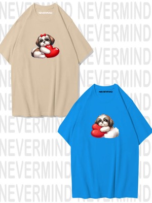 Nevermind Sevgili Kombini Sevimli Köpek ve Kalp Baskılı Oversize Unisex Çift Tişörtü