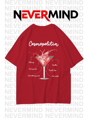 NEVERMIND Kadın Oversize Pamuk Tişört - Cosmopolitan Kokteyl Desenli