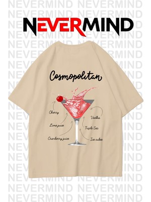 Nevermind Kadın Oversize Pamuk Tişört - Cosmopolitan Kokteyl Desenli