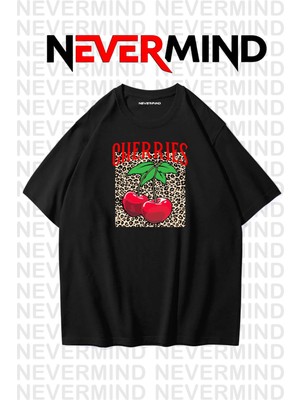 Nevermind Unisex Cherries Baskılı Oversize Tişört Siyah