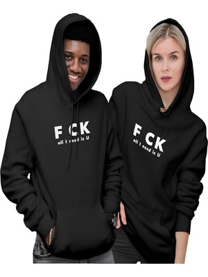 Nevermind Sevgili Çift Kombini All I Need Is U Baskılı Siyah Regular Unisex Hoodie 2'li Set