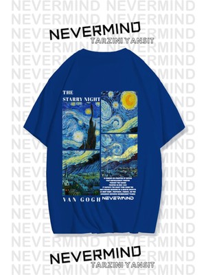 Nevermind Unisex Van Gogh Baskılı Oversize Tişört Sak Mavi