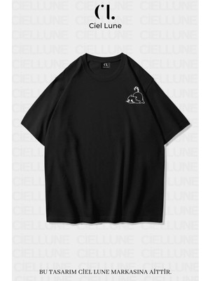 NEVERMIND Unisex Kadın Erkek Minimalist Cat Baskılı Özel Tasarım Oversize T-shirt