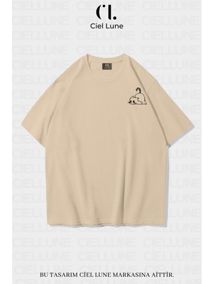 Nevermind Unisex Kadın Erkek Minimalist Cat Baskılı Özel Tasarım Oversize Tişört Bej
