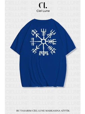 NEVERMIND Unisex Kadın Erkek Viking Pusula Vegvisir Baskılı Özel Tasarım Oversize T-shirt