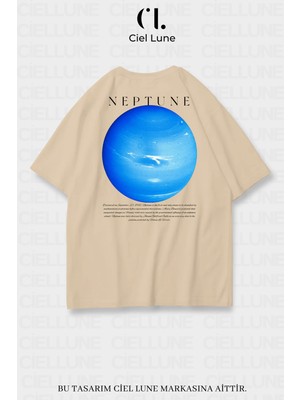 Nevermind Unisex Kadın Erkek Neptün Baskılı Özel Tasarım Oversize Tişört Bej