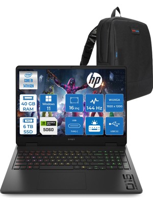 Hp Omen 16-AM0033NT Intel Core I9 14900HX 40GB Ddr5 6tb SSD RTX5060 8gb Gddr7 Windows 11 Pro 16 Inç Wuxga (1920X1200) 144Hz 300NITS IPS Taşınabilir Bilgisayar WC39J7EAP23 + Zetta Çanta