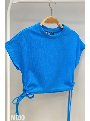 Cuties Mojo Kız Çocuk Yandan Büzgülü Kısa Kollu Crop 3706 Mavi