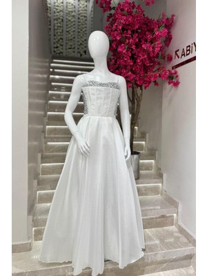 Erkut Bebe Mojo Kız Çocuk 10-15 Yaş Tafta Pul Işlemeli Uzun Abiye Elbise Ekru