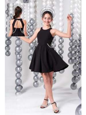 Erkut Bebe Mojo Kız Çocuk Sırt Zincir Detaylı Kısa Abiye Elbise 761 Siyah