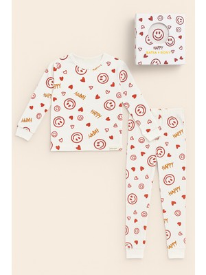 Katia & Bony Kız Çocuk Gülen Yüz Desenli Kutulu Pijama Takımı Ekru
