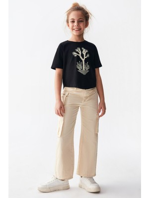 Nk Kids Kız Çocuk Kargo Cep Bol Paça Yazlık  Pantolon 56701 Krem