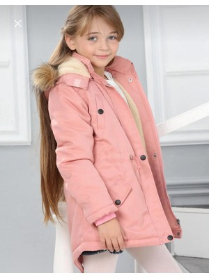 Asortix Kız Çocuk Su Geçirmez Çıkarılabilir Kapüşonlu Pelüş Kürk Astarlı Uzun Mont Kaban