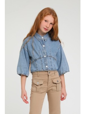 Escabel Kız Çocuk Denim Crop Gömlek 24210 Kot Mavi