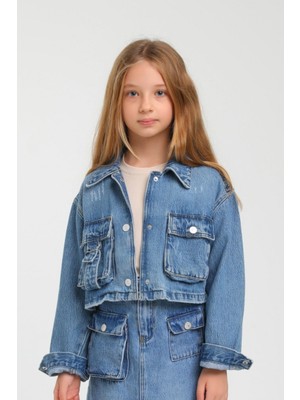 Escabel Kız Çocuk 5-14 Yaş Kargo Cepli Crop Kot Ceket 24205 Kot Mavi