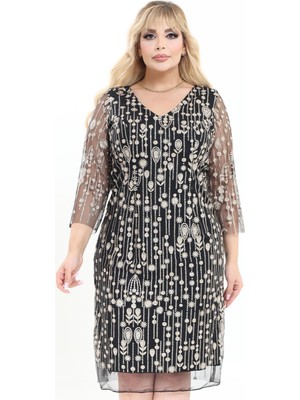Ladies First Büyük Beden 3997 Siyah-Altın Kısa Abiye Elbise
