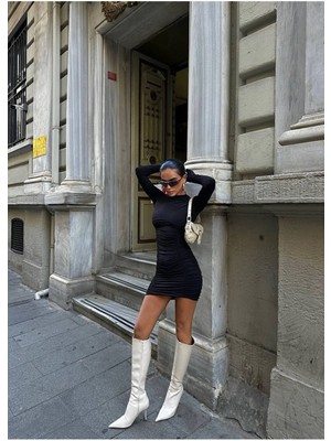 Drapeli Mini Boy Elbise /kol ve Yan Büzgülü Mini Elbise