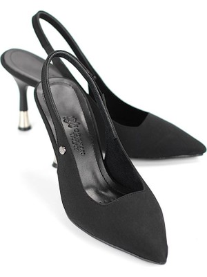 Gökhan Talay Biana  Esnek Yumuşak Kaymaz Taban (8 Cm) Siyah Süet Açık Lastikli Kadın Topuklu Ayakkabı