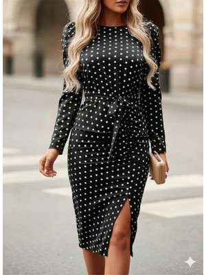 Hariqa Kadın Uzun Kollu Yuvarlak Yaka Belden Kuşaklı Önden Yırtmaçlı Örme Krep Elbise