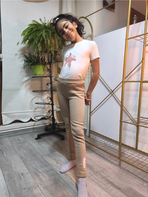 Şimo Butik Kız Çocuk Tayt Kışlık Pamuklu Şardonlu Beli Lastikli Kurdeleli Kedi Camel Dar Kalıp