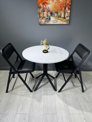 Hey Modüler Mobilya Aras Beyaz 2 Kişilik Yuvarlak Mutfak Yemek Masası Takımı 2+1 Siyah Baklava 80 cm