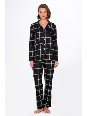 Kompedan Kadın Süet Önden Düğmeli Pijama Takımı | Beyaz Çizgili