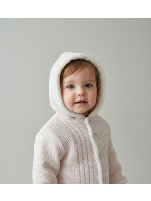 Enfal Bebe Içi Welsoft Kürklü, Kapüşonlu, Örgü Desenli Triko Bebek Hırkası