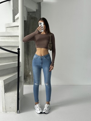 Blue Marlin Kadın Diz Lazer Yırtık Işlemli Kot Dar Paça