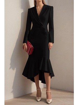 Arben Boutique Kadın Uzun Kollu Yakalı Belden Oturtmalı Midi Ithal Krep Elbise