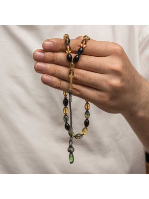 Gumush Gümüş 1000 Ayar Kazaz Püsküllü Sıkma Kehribar Tesbih