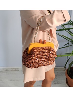 Cadde Dükkanı El Yapımı Tokalı Örgü Kaverengi Renk El Çantası