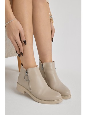 Tonny Black Kadın Bej Cilt Kalın Termo Taban Yanı Fermuar Detaylı Bot