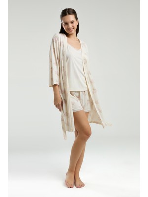 Pierre Cardin Kadın Süprem Kumaş Sabahlık Bluz Şort  3'lü Pijama Takımı