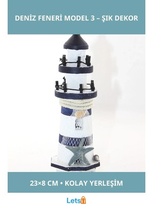 Letsii Ahşap Marin Deniz Feneri Mavi Beyaz 23X8 cm Dekoratif Ürün