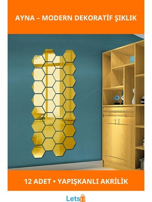 Letsii Yapışkanlı Akrilik Gold Altıgen Ayna 12 Adet Dekoratif
