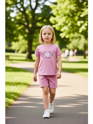 PayBuy Kız Çocuk %100 Pamuklu Nakışlı Kalpli Bisiklet Yaka Kısa Kollu Üst ve Şort Takımı Kaliteli