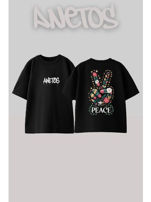 Anetos Peace Tasarım Sırt Baskılı Pamuk Siyah Oversize T-Shirt