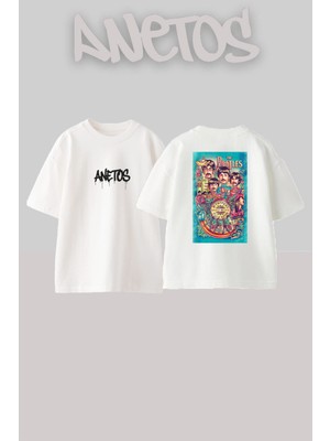 Anetos The Beatles 8 Tasarım Sırt Baskılı Pamuk Beyaz Oversize T-Shirt
