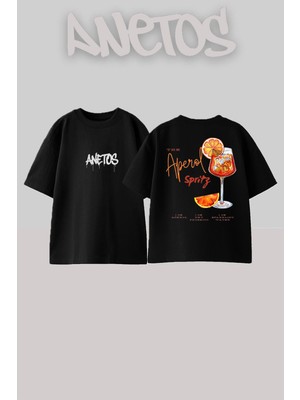 Anetos Aperol Spiritz Tasarım Sırt Baskılı Pamuk Siyah Oversize T-Shirt