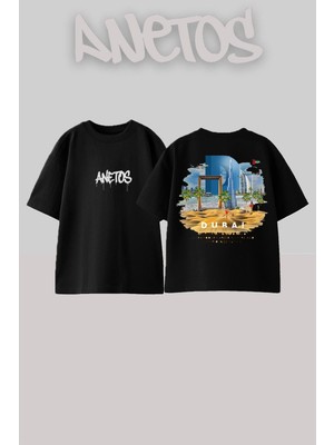 Anetos Dubai 3 Tasarım Sırt Baskılı Pamuk Siyah Oversize T-Shirt