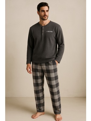 Erkek Ekose Desenli Pijama Takımı Gri