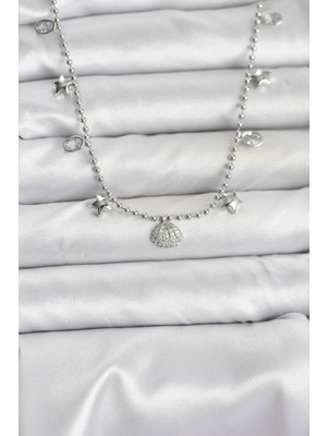 Prativas Pirinç Gümüş Renk Zirkon Taşlı Deniz Kabuğu Model Kadın Kolye - PRT3500EB09401