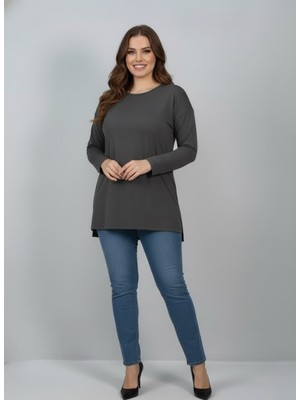 Koza Butik Kadın Büyük Beden Uzun Kollu Yırtmaçlı Basic Bluz 1984