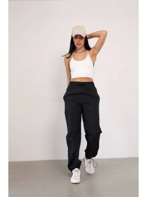 Nnstartshopping  Praşut Kumaş Paça Cepli Baggy Eşofman - Siyah