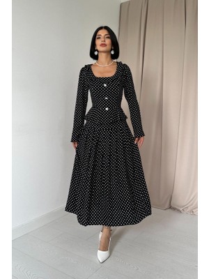 Nnstartshopping  Siyah Puantiye Desenli Volanlı Elbise