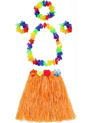 MCM Group Yetişkin ve Çocuk Uyumlu Luau Aloha Hawaii Turuncu Etek ve Renkli Kolye Taç 2 Adet Bileklik Seti