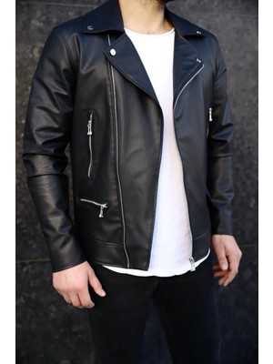 Baselco Erkek Siyah Biker Deri Ceket Slim Fit Kesim ve Suni Deri ile Şık Görünüm