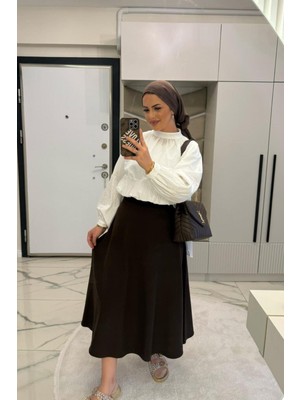 Megapol Giyim Kadın Kahverengi Dabıl Kumaş Beli Lastikli  Kloş Etek